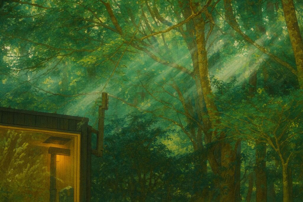 朝のサウナの写真：朝日が差し込むサウナ小屋
