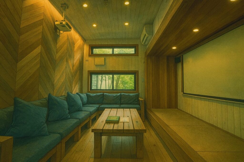 プロジェクター設備の写真：大型スクリーンとくつろぎ空間