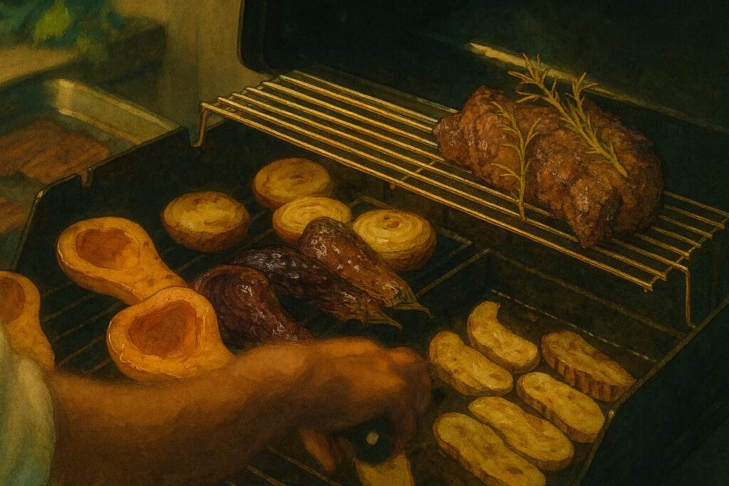 BBQ調理中の写真：Weber製グリルで焼かれる肉と野菜
